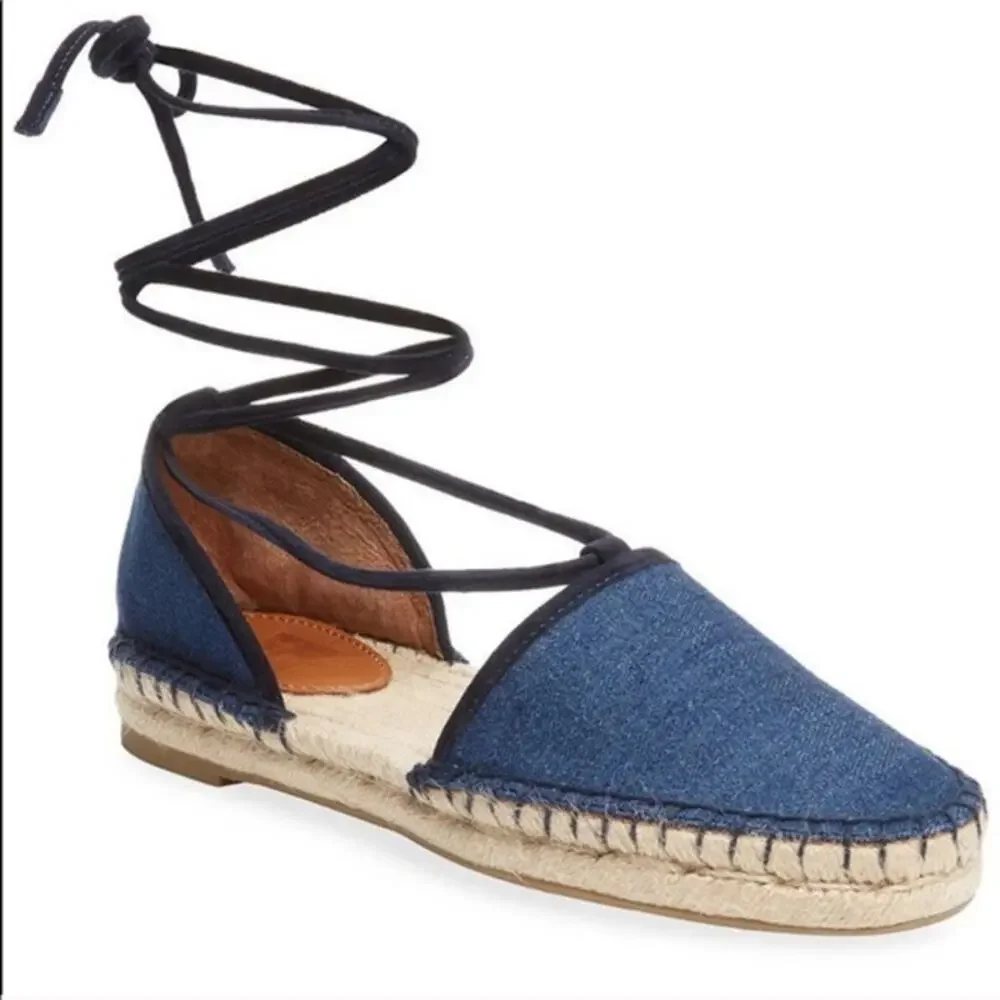 FRYE Leo Denim Espadrilles Wrap Up Lace Navy Size 7M